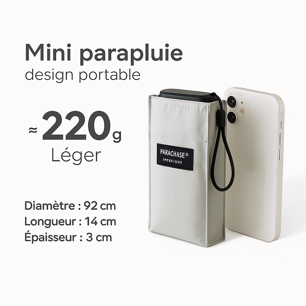 PARACHASE6001 - Parapluie pliant compact, plat, léger.