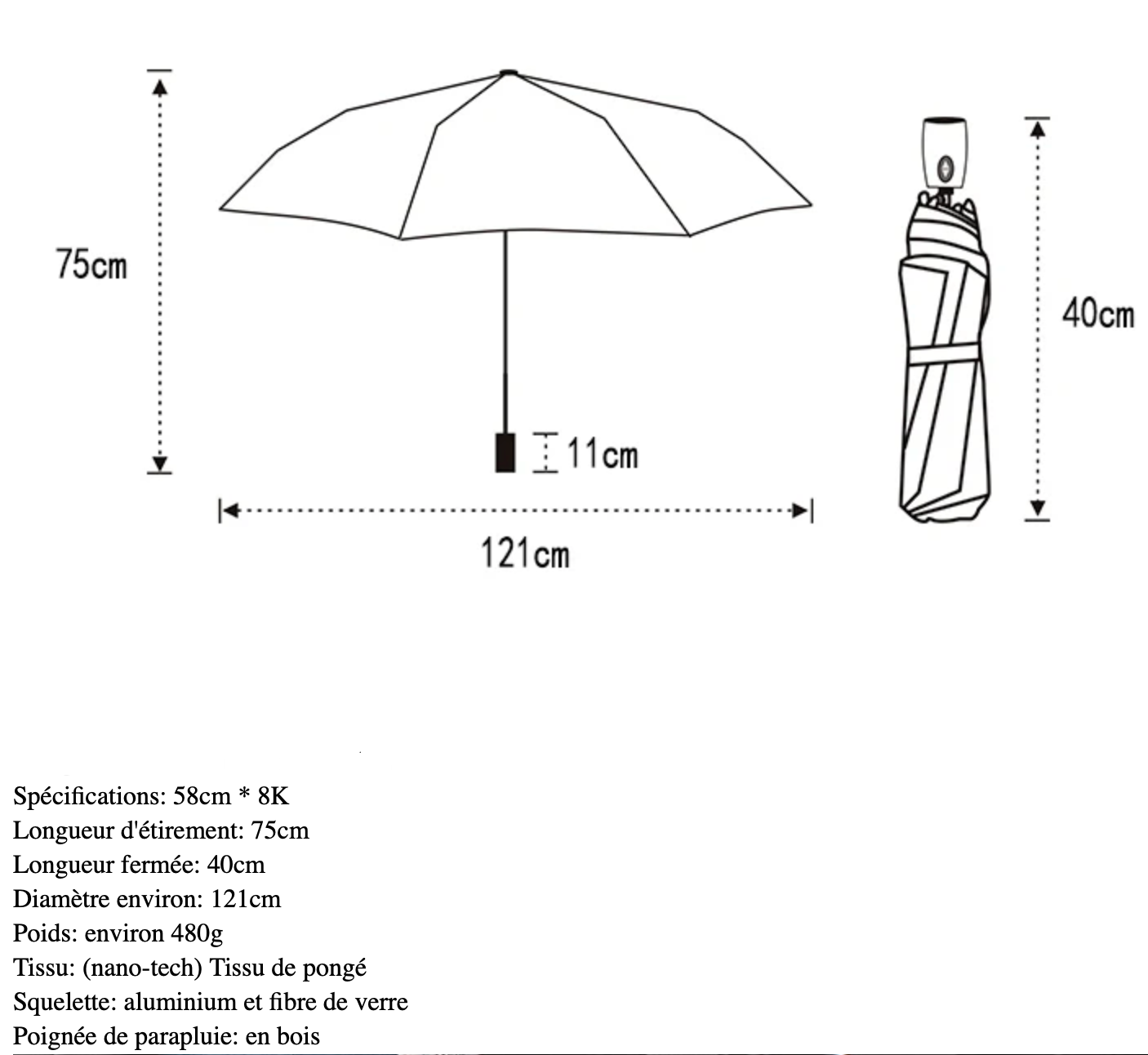 Parachase3262 - Parapluie anglais, pliant compact, large protection, automatique.