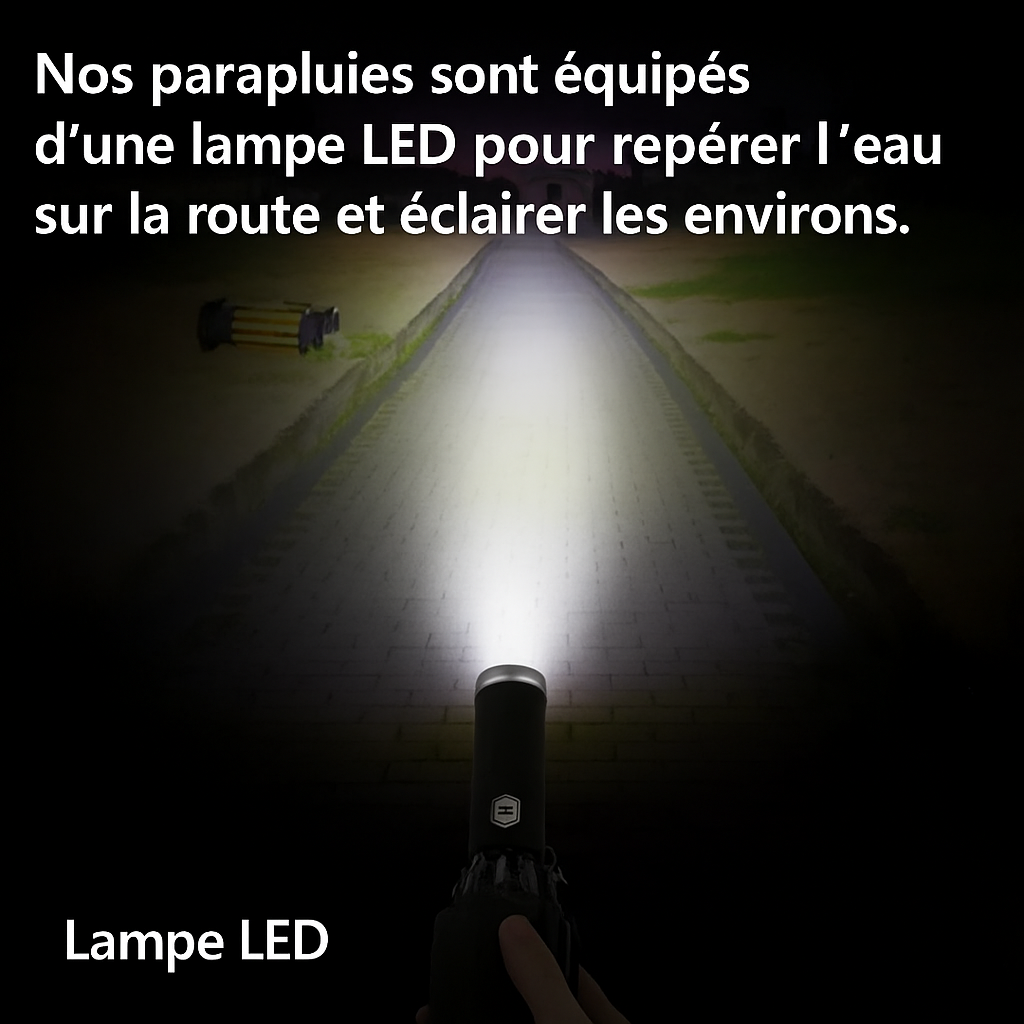 LumenShield - Parapluie pliant, sécurisé, lampe led et bande réfléchissante.