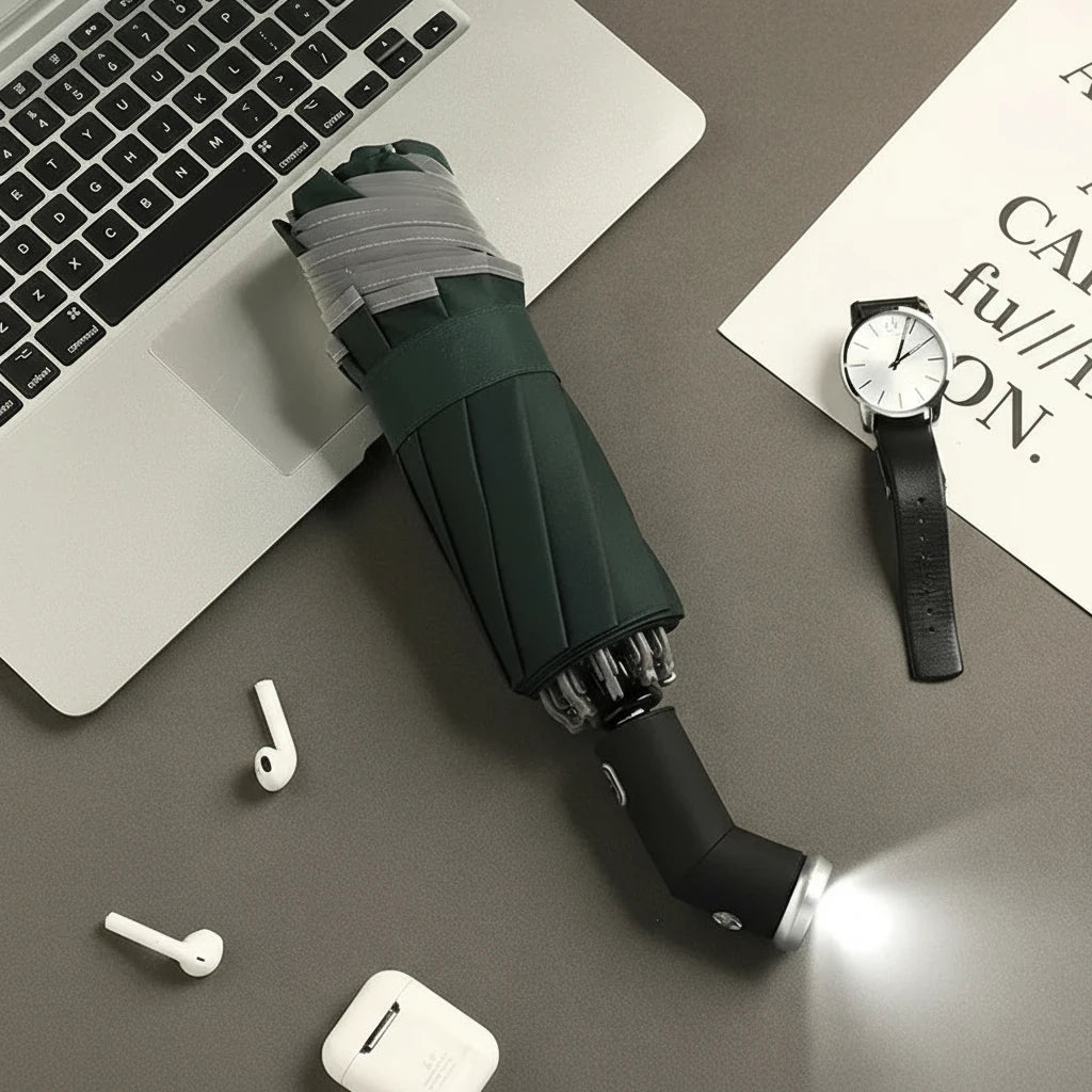 LumenShield - Parapluie pliant, sécurisé, lampe led et bande réfléchissante.