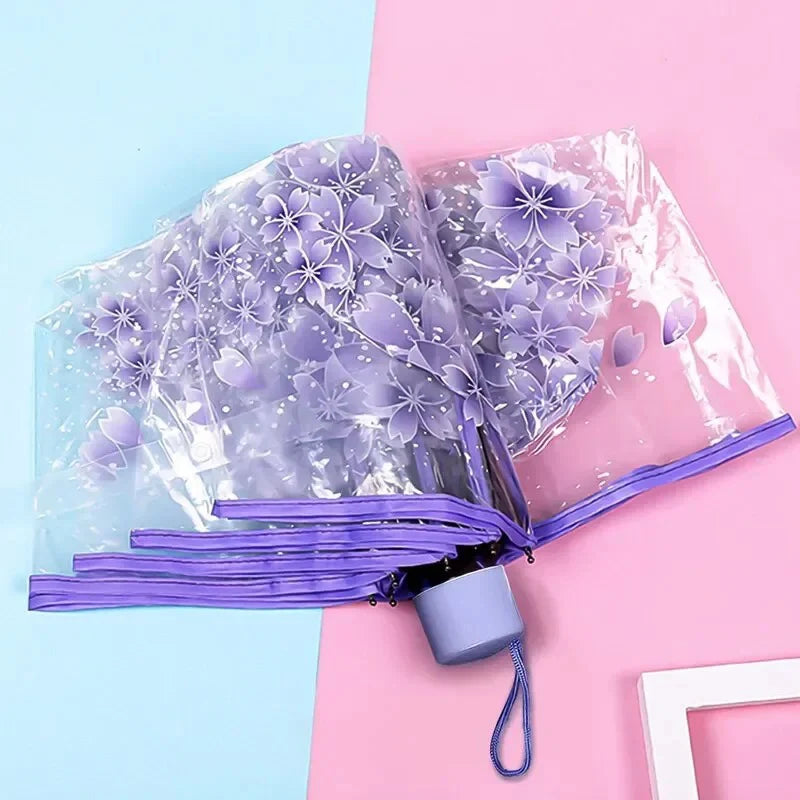 Sakura - Parapluie transparent, pliant et compact, motif fleur.