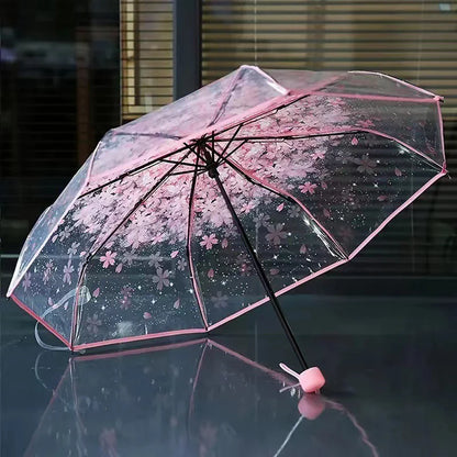 Sakura - Parapluie transparent, pliant et compact, motif fleur.