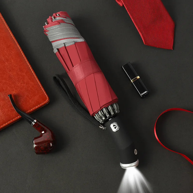 LumenShield - Parapluie pliant, sécurisé, lampe led et bande réfléchissante.