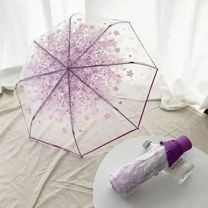 Sakura - Parapluie transparent, pliant et compact, motif fleur.