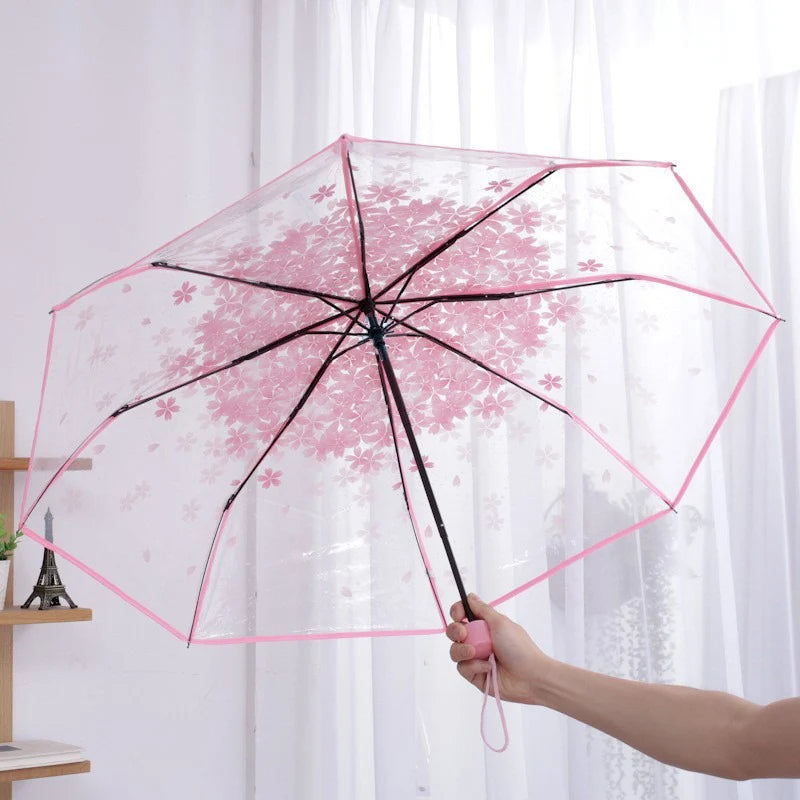 Sakura - Parapluie transparent, pliant et compact, motif fleur.