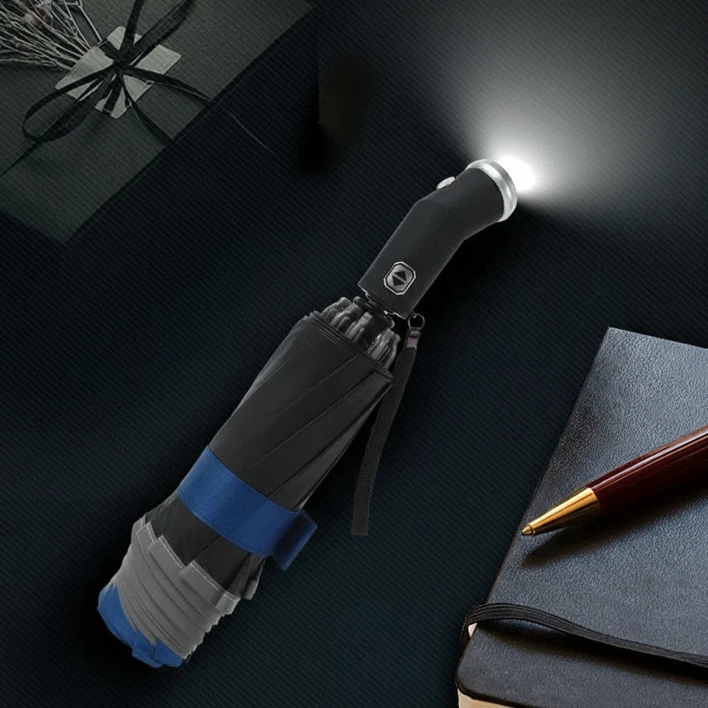LumenShield - Parapluie pliant, sécurisé, lampe led et bande réfléchissante.