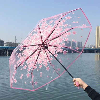 Sakura - Parapluie transparent, pliant et compact, motif fleur.