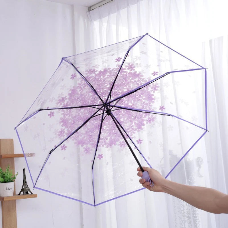 Sakura - Parapluie transparent, pliant et compact, motif fleur.