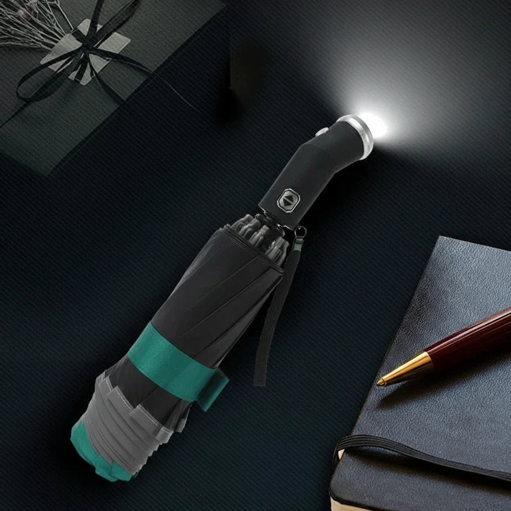 LumenShield - Parapluie pliant, sécurisé, lampe led et bande réfléchissante.