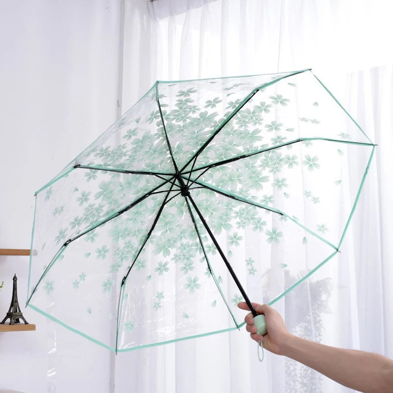 Sakura - Parapluie transparent, pliant et compact, motif fleur.