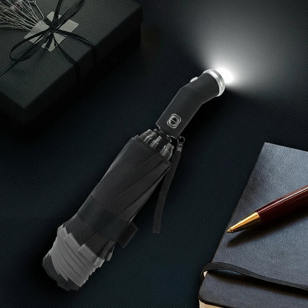 LumenShield - Parapluie pliant, sécurisé, lampe led et bande réfléchissante.