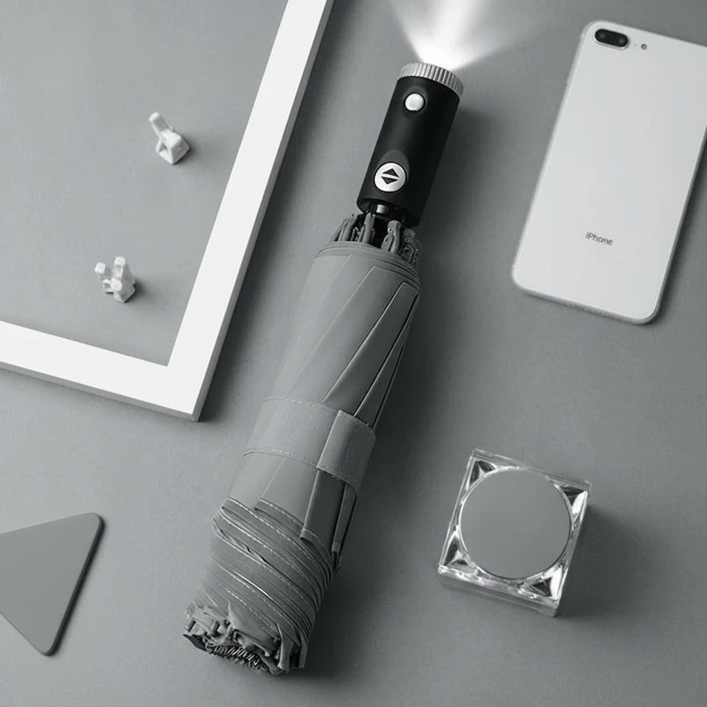 LumenShield - Parapluie pliant, sécurisé, lampe led et bande réfléchissante.