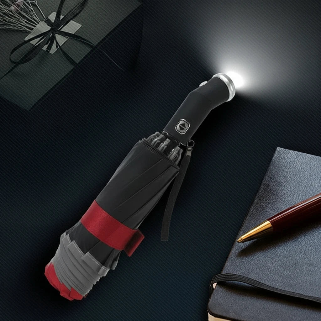 LumenShield - Parapluie pliant, sécurisé, lampe led et bande réfléchissante.